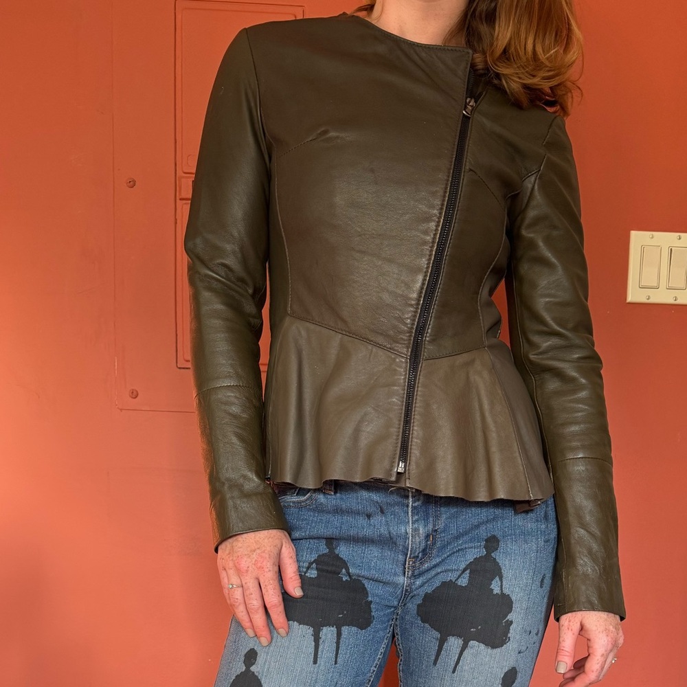 Women's Olive Green Peplum Leather Jacket from Florence, Italy